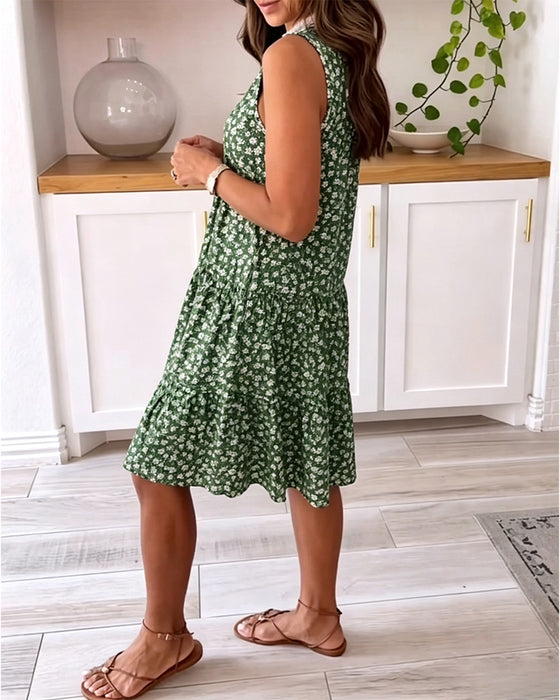 Robe Col-V Sans Manches Florale A-Ligne