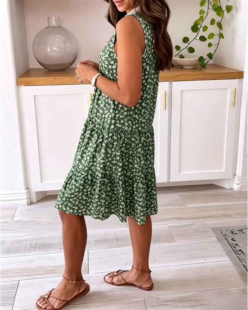 Robe Col-V Sans Manches Florale A-Ligne