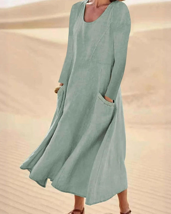 Robe Unie Manche Longue Col Rond