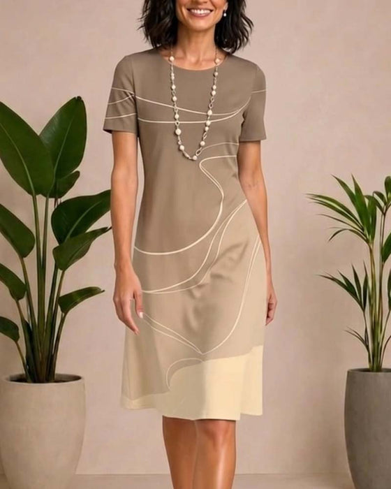 Robe Encolure Ronde Ligne Imprimé Contrastant A-Ligne