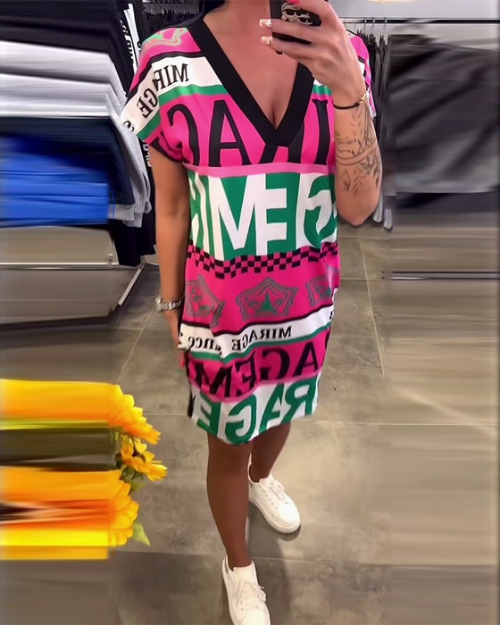 Robe Imprimée Col En V Manches Courtes