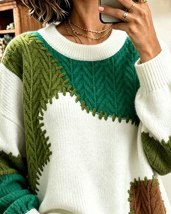 Pullover Col Rond Contrastant Épaule Tombante Patchwork