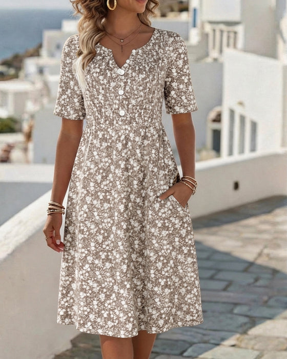 Robe Col V Manches Courtes Fleurie