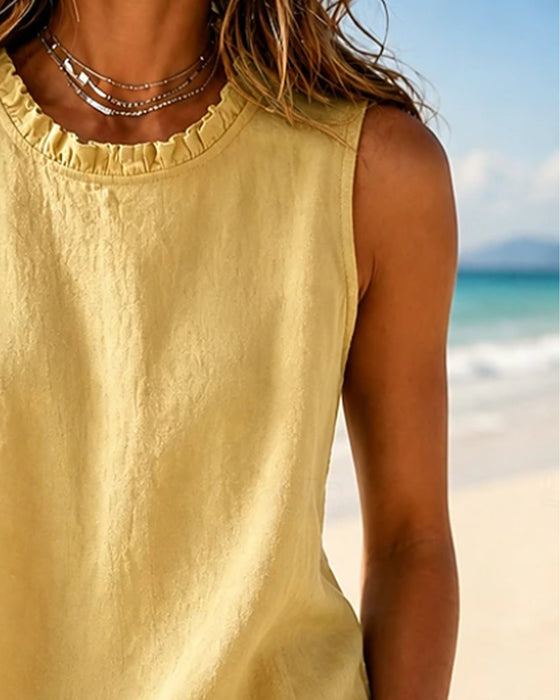Débardeur Couleur Unie Sans Manches Col Rond Lace
