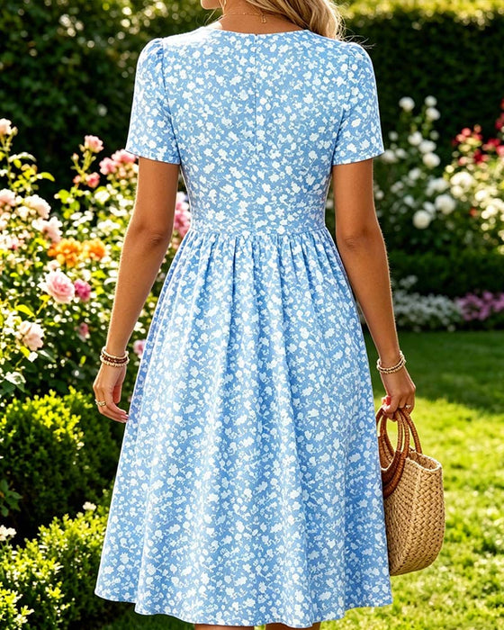 Robe Col En V Manches Courtes Petit Fleuri