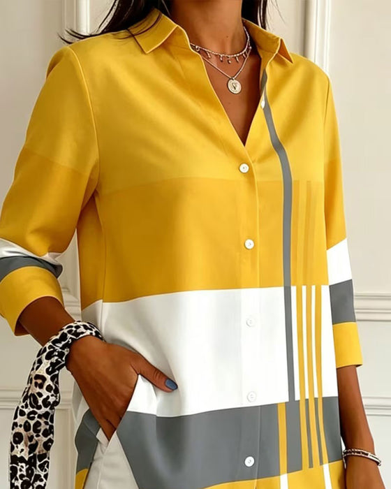 Chemise Géométrique Bloc-Couleur Col Revers Manches Longues