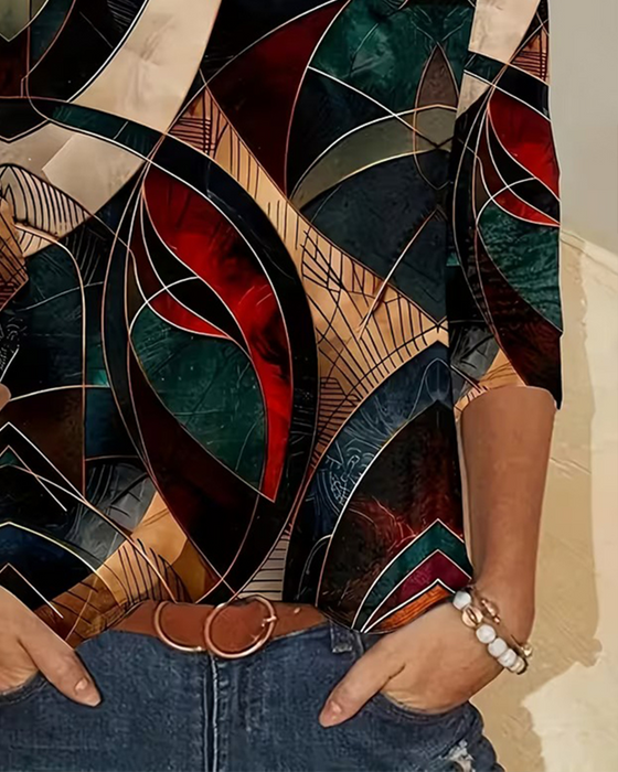 Haut Col Rond Décontracté Imprimé Manches Longues