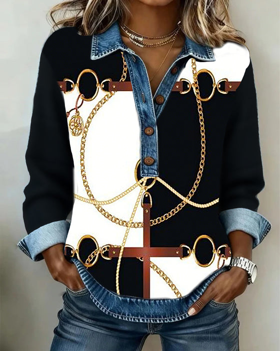 Sweat Denim Patchwork Impression Chaîne