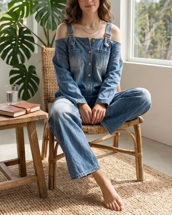 Jumpsuit Bretelle Spaghetti Épaule Dégagée Jambe Large Denim