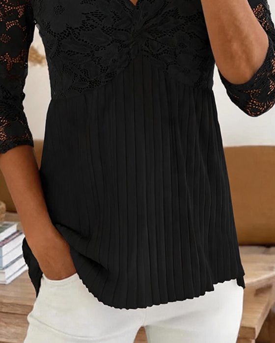 Blouse Décontractée Col En V Dentelle Panneau