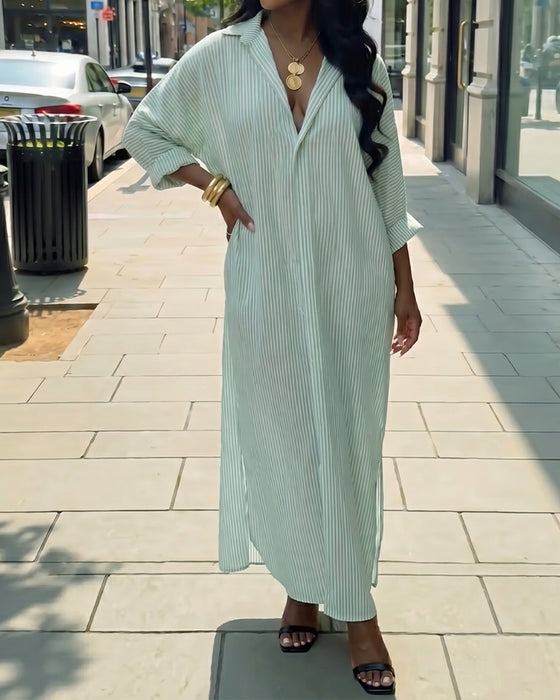 Robe Manches Longues Revers Lâche Rayée Chemise