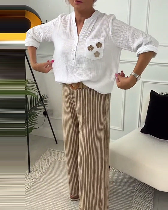 Blouse décontractée à manches longues et poche à imprimé floral