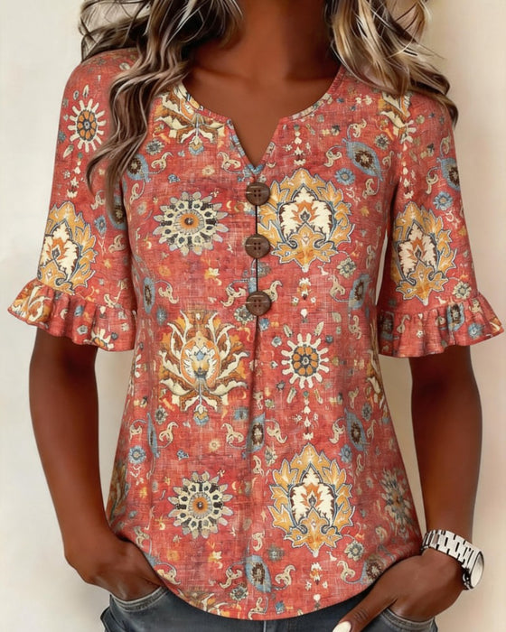 Blouse Imprimé Ethnique Manche Volantée