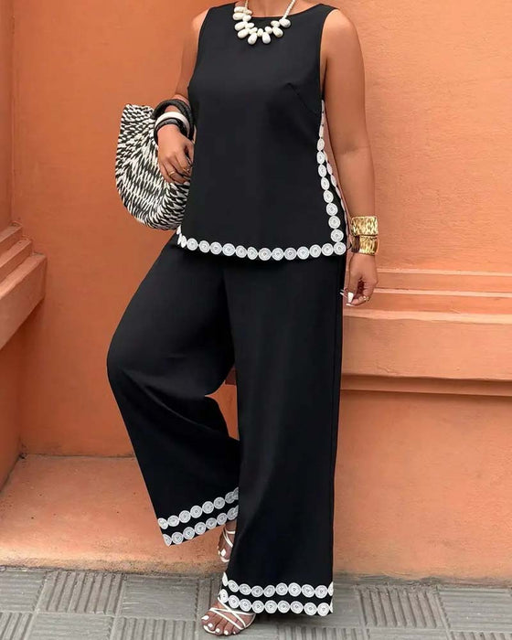 Set Haut Col Rond Sans Manches Pantalon Large Longue