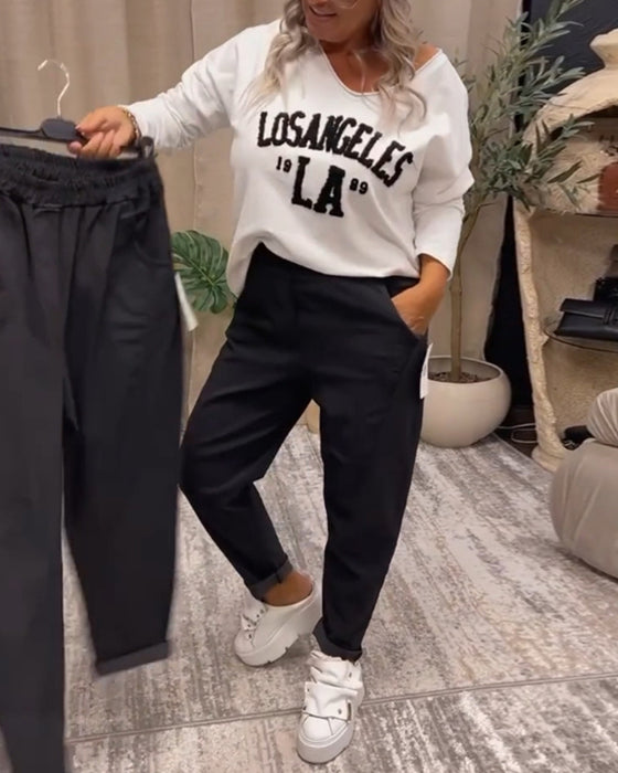 Sweat-shirt décontracté à col en V avec imprimé lettre