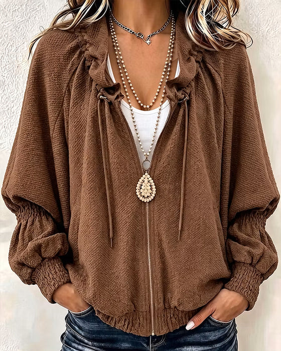 Manteau Texturé Décontracté Fermeture Éclair Plissé