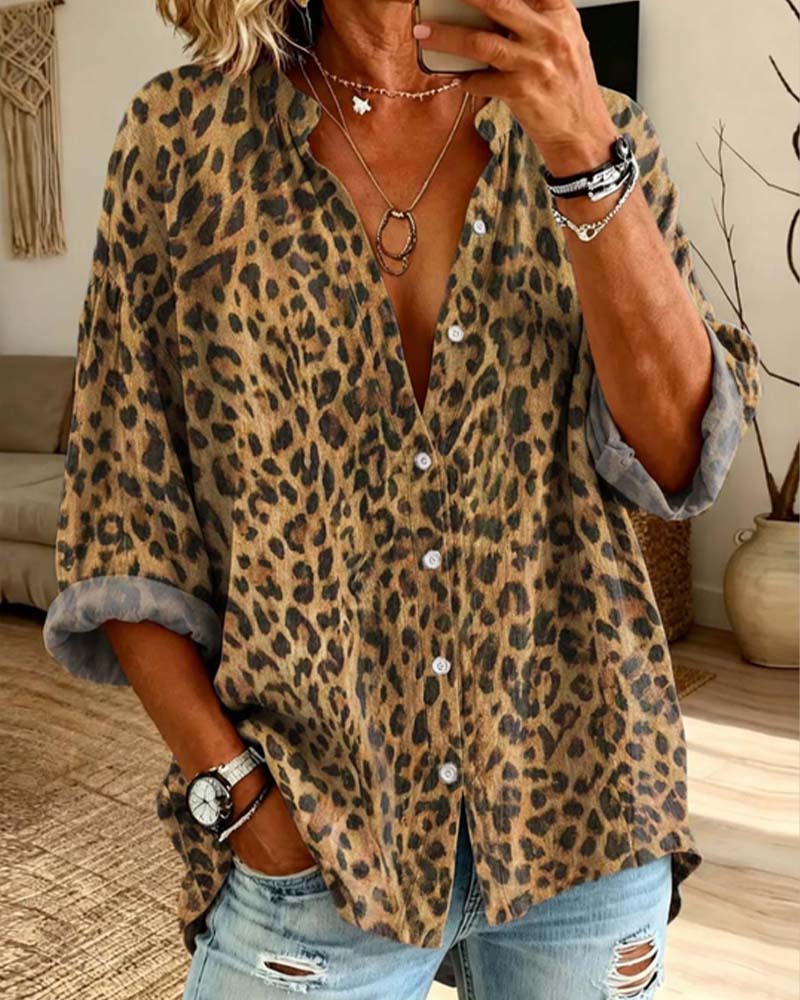 Chemise Col En V Bouton Léopard Manches Longues