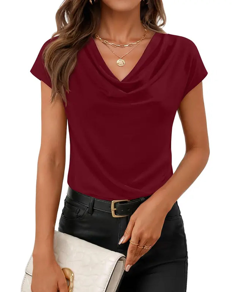 T-Shirt Col Cloche Drapé Manches Courtes