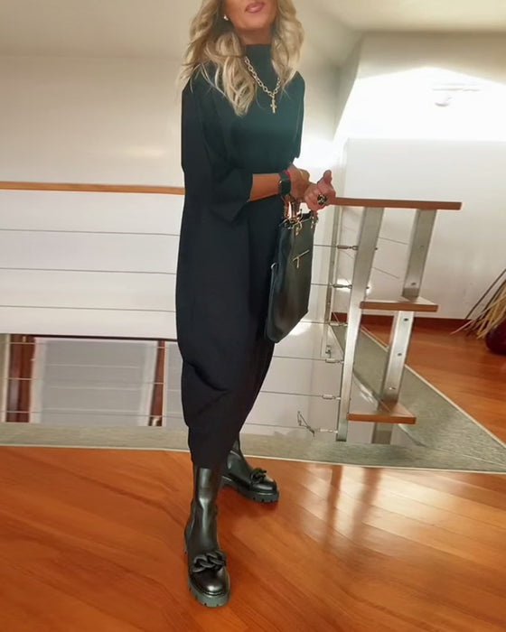 Robe décontractée ample à col haut de couleur unie