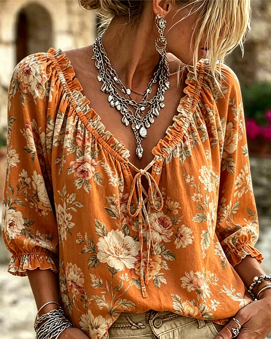 Blouse Florale Col En V Attacher Manches Ballon