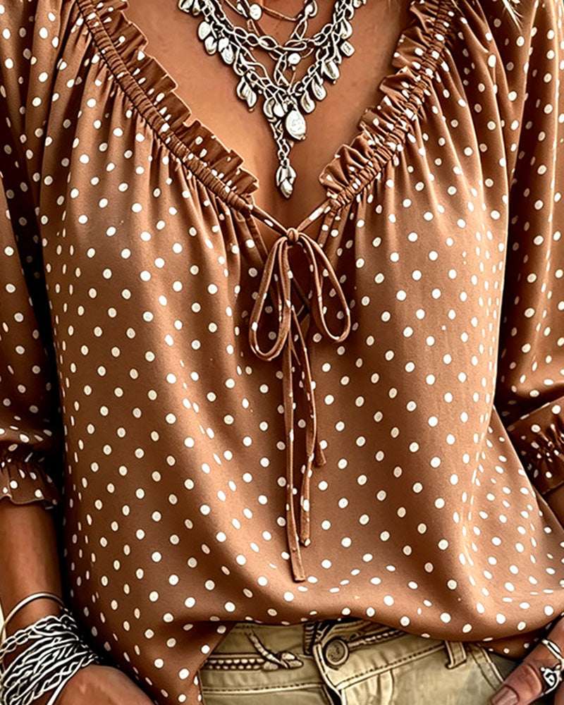 Blouse Col V Volant Polka Dot Attache
