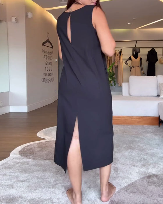 robe décontractée col en V sans manches couleur unie fendue