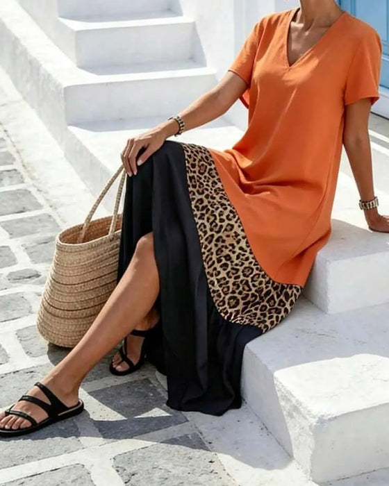 Robe Maxi Col En V Bloc De Couleur Patchwork Léopard