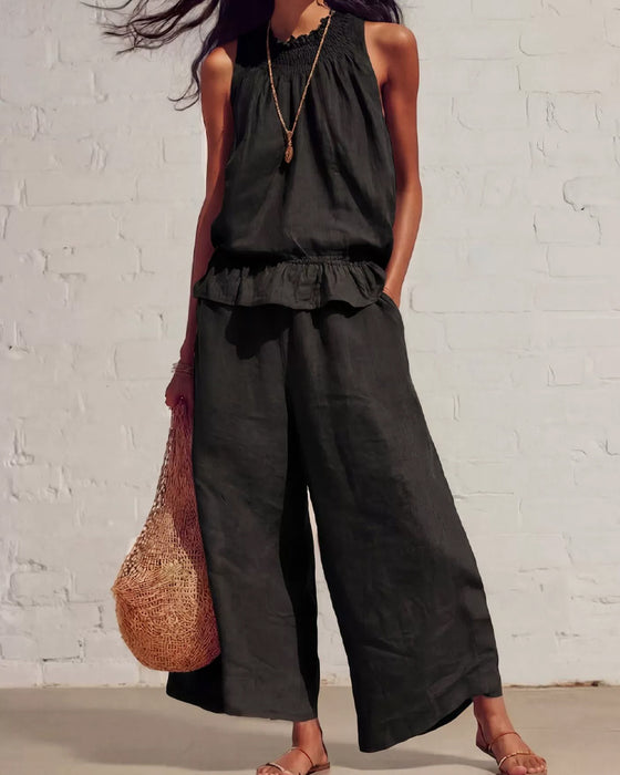 Ensemble Sans Manches Volant Pantalon Large