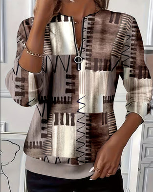 Sweatshirt Fermeture Éclair Carreau Bloc de Couleur Manche Longue