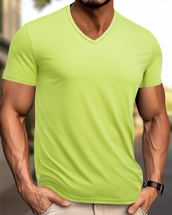 T-Shirt Couleur Unie Col V Décontracté Homme