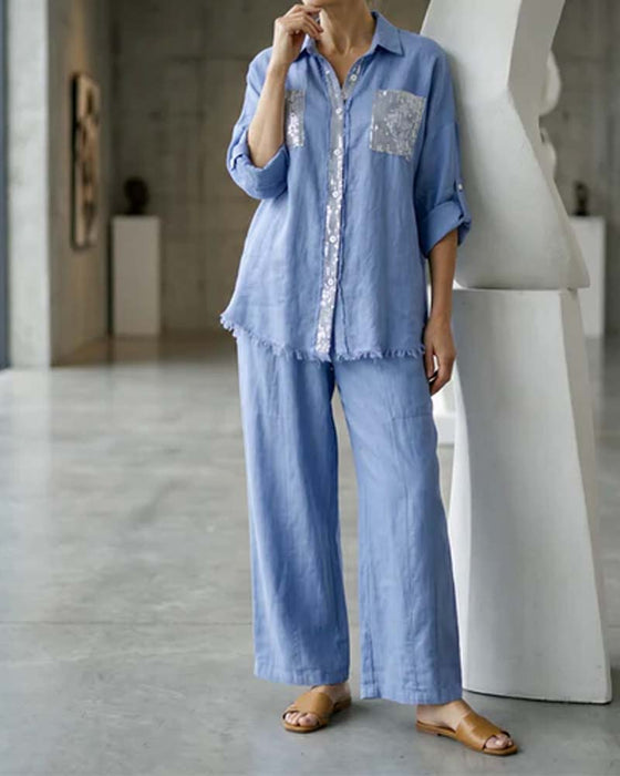 Set Chemise Col V Shimmer Jambe Large Unie