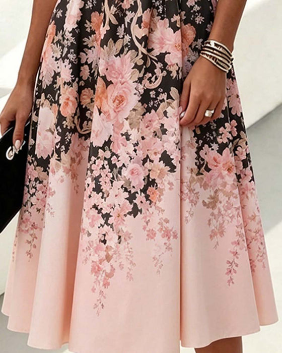 Robe Sans Manches Col Rond Taille Haute Imprimée