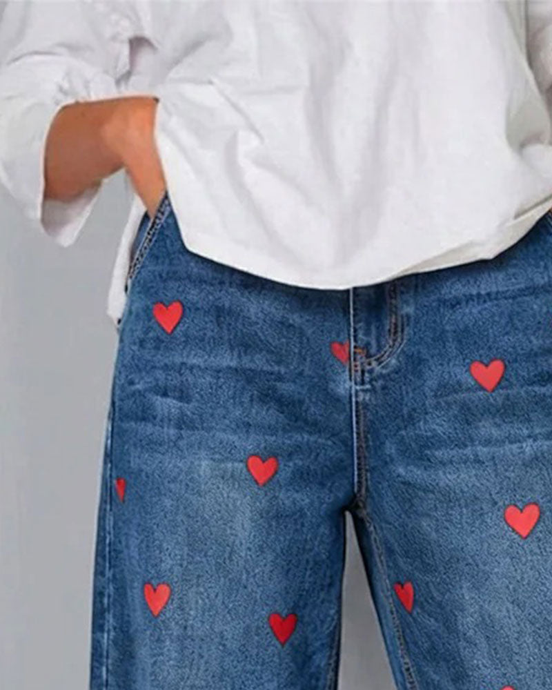 Pantalon Cœur Imprimé Denim Cheville