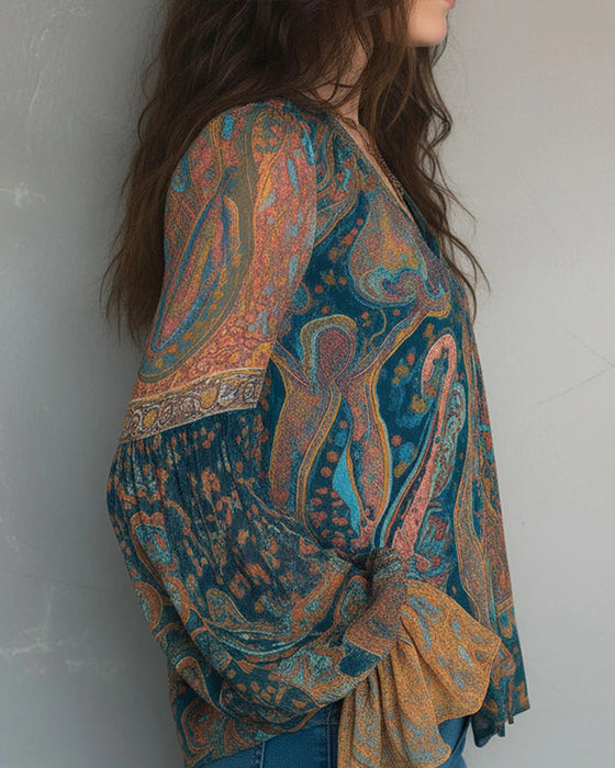 Blouse À Col V De Style Bohème À Manches Évasées