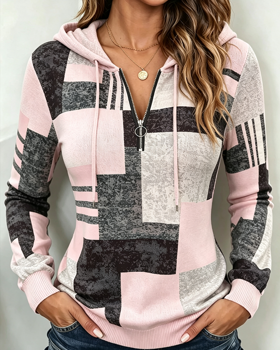 Sweat À Capuche Demi-Zip Décontracté Contraste À Carreaux