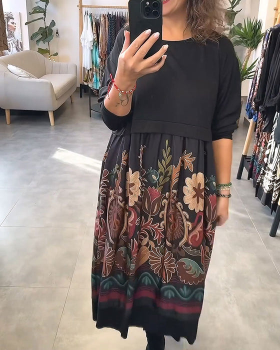 Robe Floral Encolure Ronde Patchwork Évasée