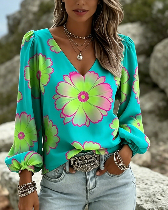 Blouse Bloc De Couleur Grand Imprimé Floral Manche Lanterne