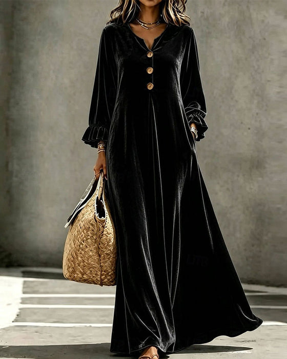 Robe Col En V Bordure Volantée Manches Longues Velours