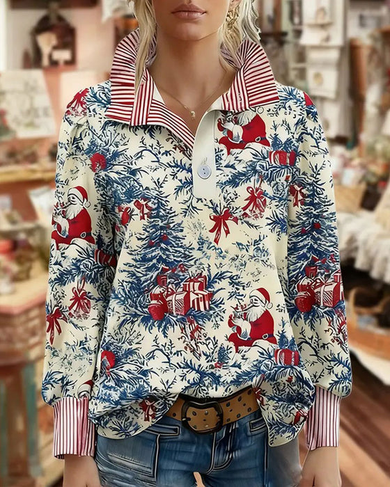 Chemise Revers Bouton Rayée Style Noël