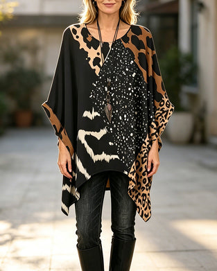 Blouse Col Rond Imprimé Léopard Patchwork
