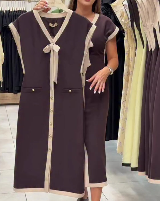 Robe Col V Nœud Bouton