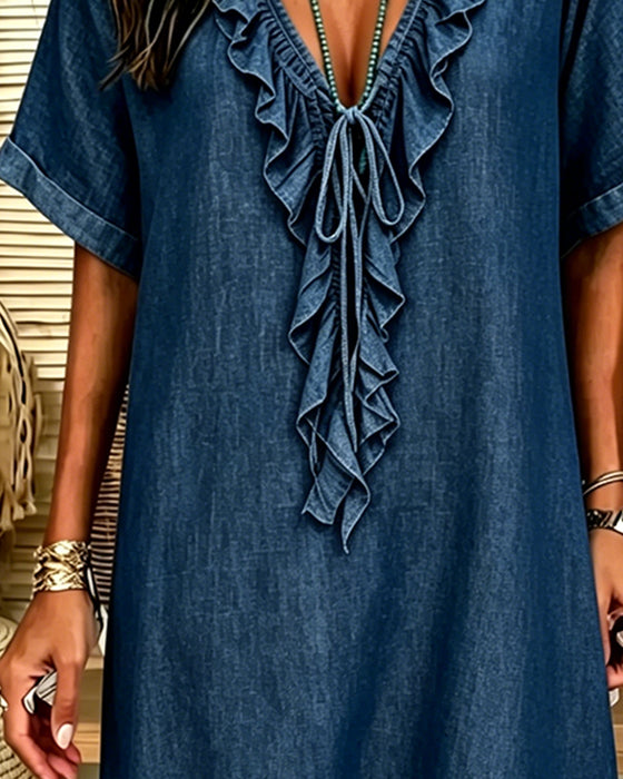 Robe Col V Denim Volant