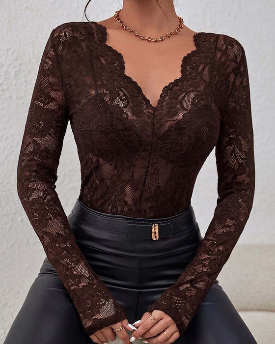Blouse Bordure Dentelle Manches Longues