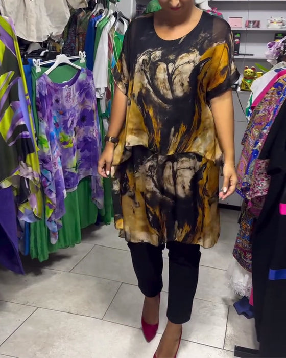 Haut Col Rond Ample Décontracté Imprimé