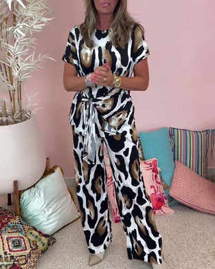 Ensemble deux pièces décontracté à lacets et imprimé léopard