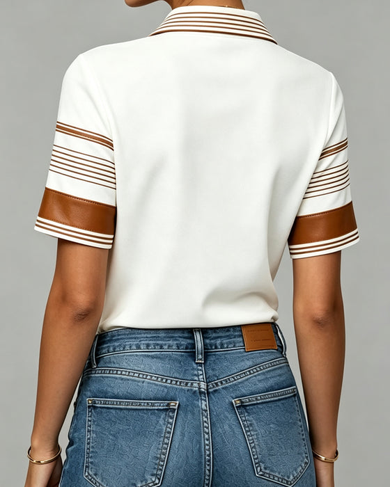 T-Shirt Col Bouton Rayé Manche Courte