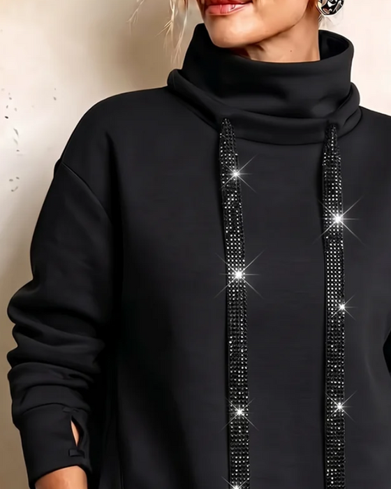 Sweatshirt Col Haut Strass Cordon De Serrage