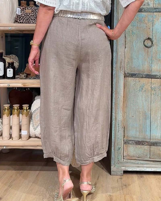 Pantalon Taille Élastique Poche Large Jambe Raccourci