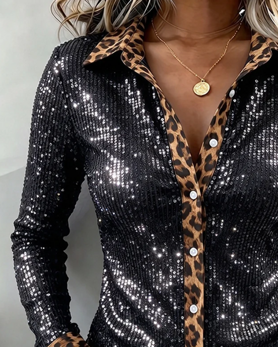 Chemise Élégante Léopard Revers Manches Longues
