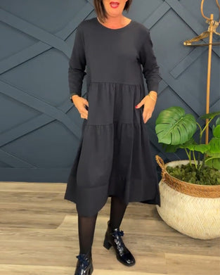 Robe décontractée de couleur unie à col rond et patchwork